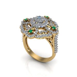 Luxury Floral Gold Cocktail Ring with Emerald Accents & Diamond Pavé