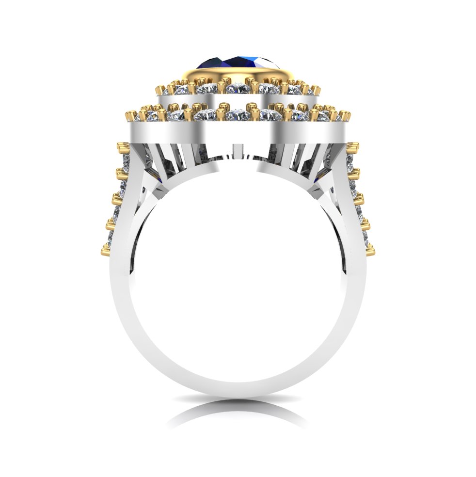 Luxury Blue Sapphire Diamond Halo Statement Ring in Two-Tone Gold - Image 3