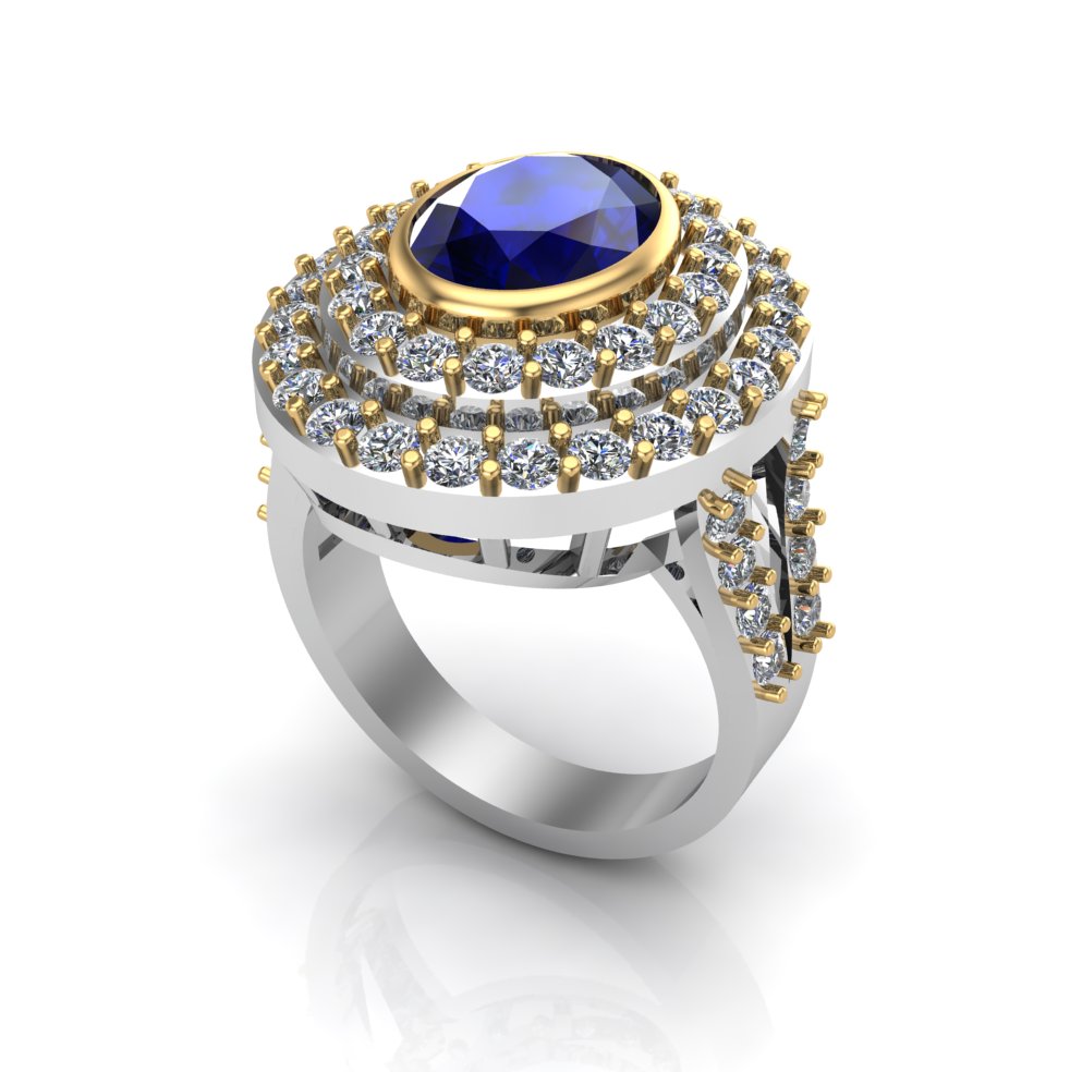 Luxury Blue Sapphire Diamond Halo Statement Ring in Two-Tone Gold