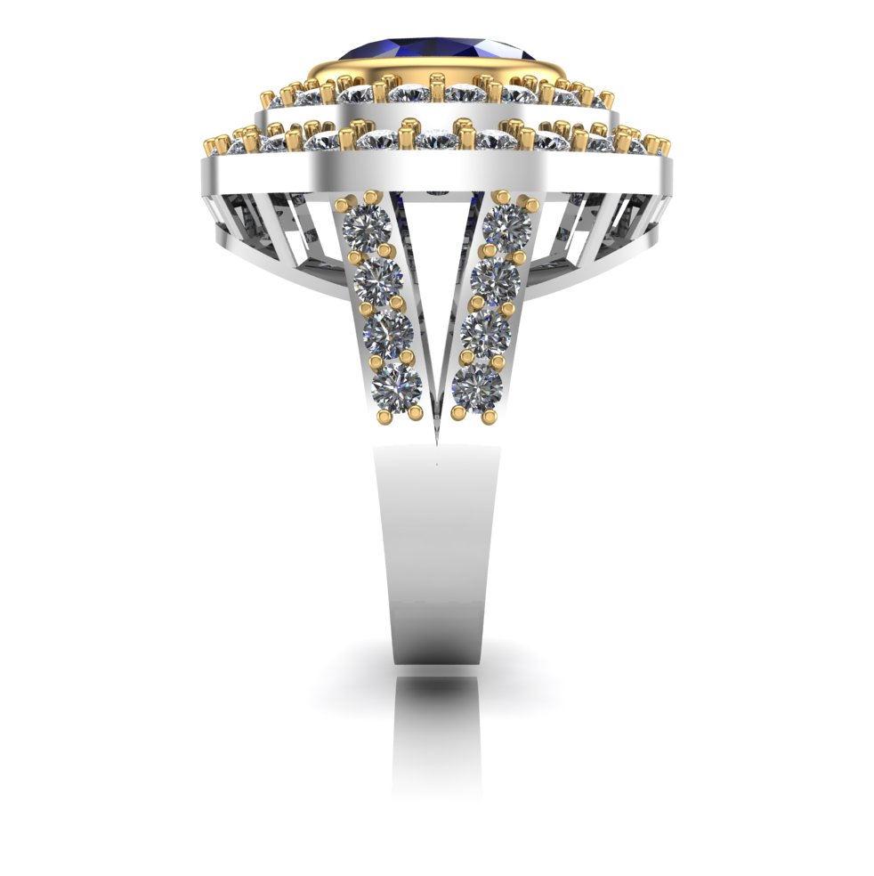 Luxury Blue Sapphire Diamond Halo Statement Ring in Two-Tone Gold - Image 2