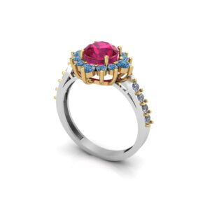 Elegant Ruby Floral Halo Ring with Diamond Accents in Two-Tone Gold