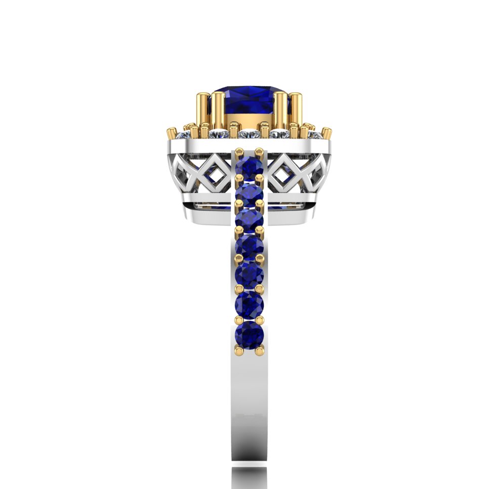Luxury Blue Sapphire Halo Ring with Diamond Accents in Two-Tone Gold - Image 3