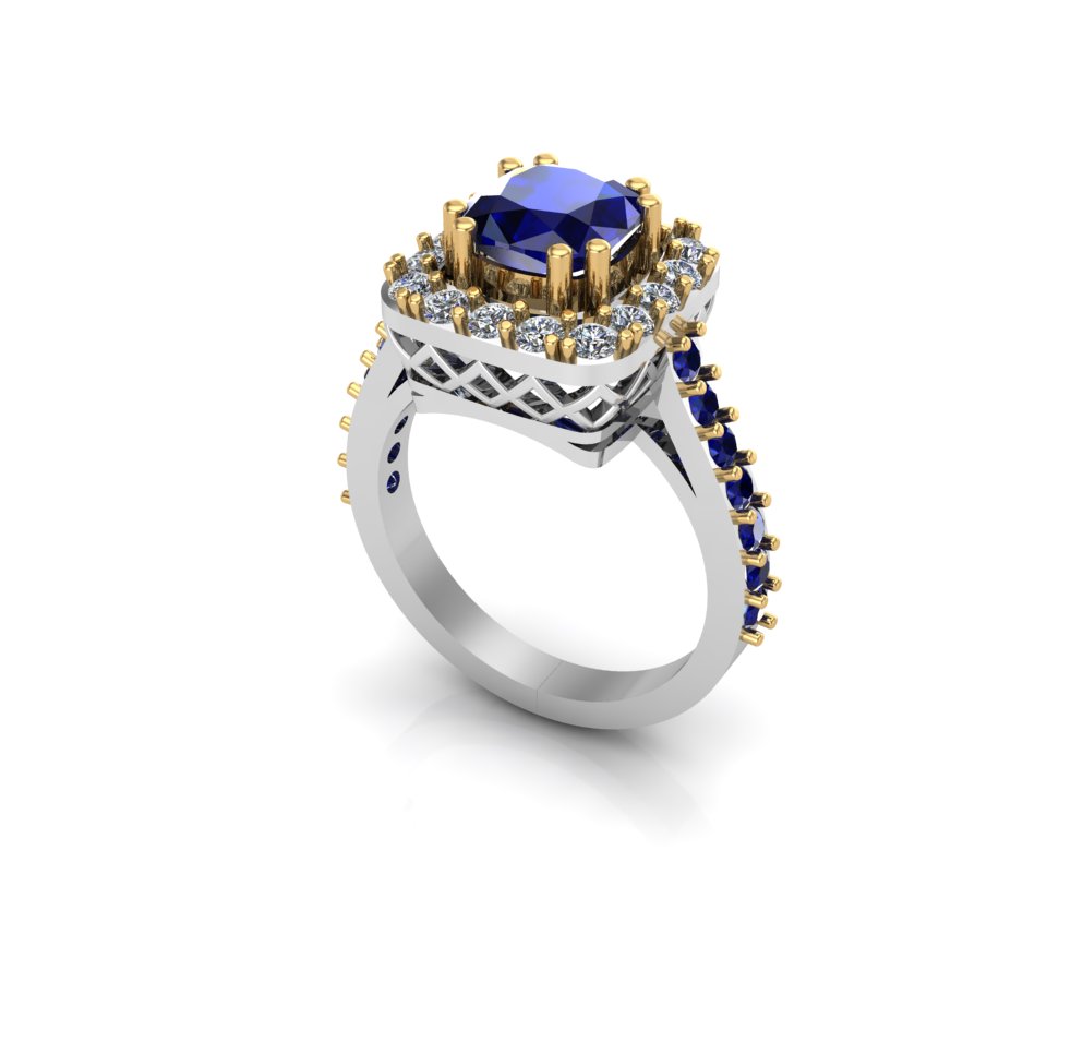 Luxury Blue Sapphire Halo Ring with Diamond Accents in Two-Tone Gold