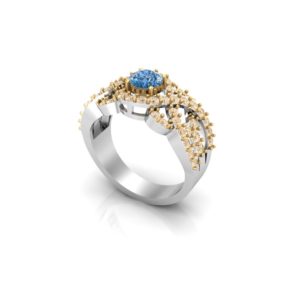 Luxury Blue Topaz Halo Statement Ring with Diamond Accents in Two-Tone Gold