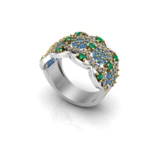 Luxury Emerald & Blue Diamond Cluster Statement Ring in White Gold